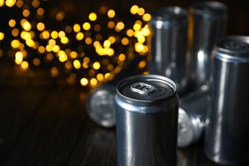 Concept of drink, blank cans, space for text