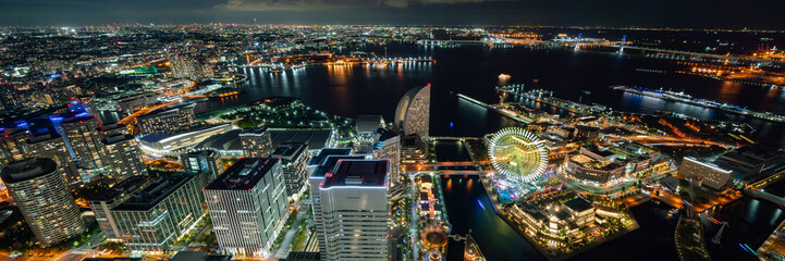 Yokohama Minato Mirai 21 seaside urban area in Japan at night.