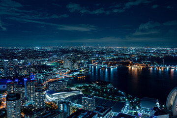 Tokyo and Yokohama Minato Mirai 21 seaside urban area night scape.
