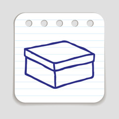Doodle Gift Box icon. Blue pen hand drawn infographic symbol on a notepaper piece. Line art style graphic design element. Web button with shadow. Free present holiday shopping Black Friday concept