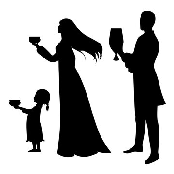Yakut family silhouette. Father, mother and daughter. Sakha family. Black silhouette isolated vector. Yhyakh celebration. Family from Yakutia or Sakha Republic wearing national costumes. kytyia,choron