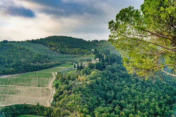 Fototapeta na wymiar Panorama from the village of Castellina in Chianti towards the surrounding countryside Siena Tuscany Italy