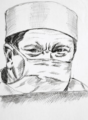 Portrait of a strict doctor in a medical mask and headdress. A modern drawing of a thoughtful surgeon