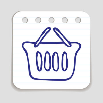Doodle Shopping Basket icon. Blue pen hand drawn infographic symbol on a notepaper piece. Line art style graphic design element. Web button with shadow. Groceries, sales, supermarket concept.