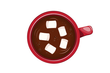 A cup of hot chocolate with marshmallows, top view.Winter hot drink in a cup.Vector illustration of a Christmas drink.