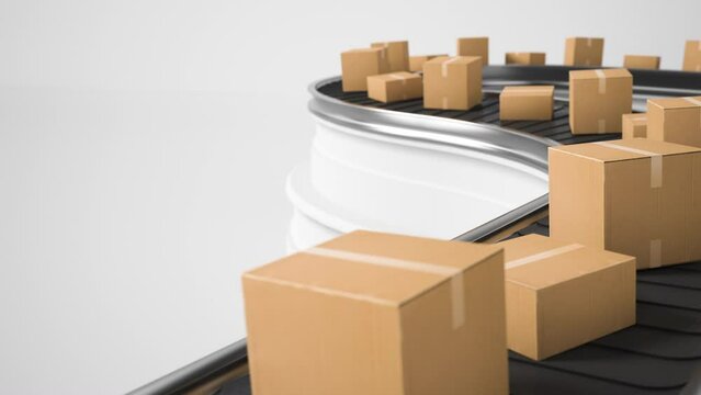 Warehouse with cardboard boxes inside on a white background, logistics center. A huge, large modern warehouse. Cardboard boxes on a conveyor belt in a warehouse, seamless with a loop. 4K 3D animation