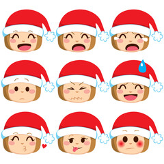 Emoticon girl wearing Santa Claus hat. Emoji for Christmas and New Year