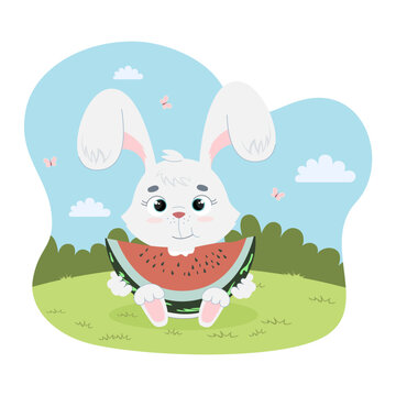 Funny white rabbit with watermelon, with butterflies. Summer character, outdoor activities. Small seasonal vector illustration in flat cartoon style.