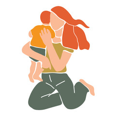 Mother holding and hugging little son. Togetherness and parenting concept. Hand drawn vector illustration in abstract minimal style