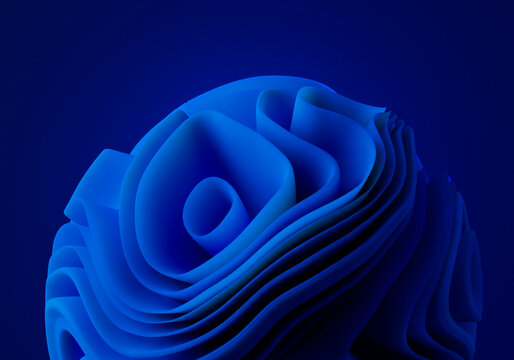 3d wallpaper blue shape windows 11 style. Wavy swirly fabric on blue background. 3d rendering illustration