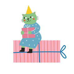 Cute cat sits on a big gift box. Vector illustration
