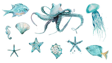 Water Colour Marine life Set illustration isolated on white background.