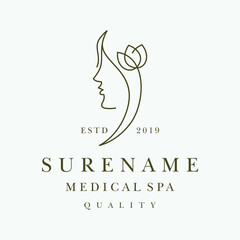 Woman medical spa with nature leaves flower therapy logo design line art illustration custom logo design vector illustration