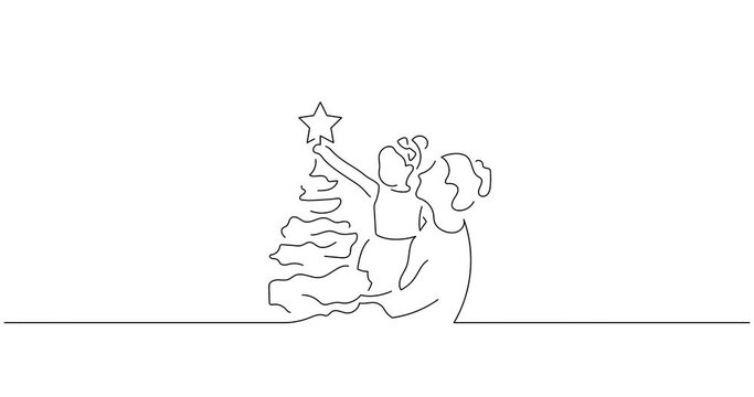 Family at home in line art animation. Composition of a Christmas scene. Black linear video on white background. Animated gif illustration design.