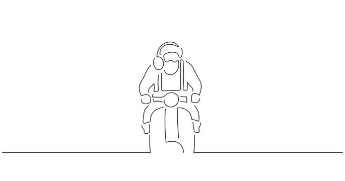 Santa Claus driving a motorcycle in line art animation. Composition of a Christmas scene. Black linear video on white background. Animated gif illustration design.