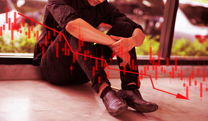 Red theme stressed business man shocked by bankruptcy stock downfall financial crisis, line graphs...