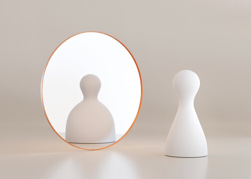 Slim and fit person looking at fat girl in mirrors reflection. Problems with weight. Concept of anorexia, diet, unhealthy lifestyle. Confusion, anxiety. Worrying about body shape. 3D rendering.