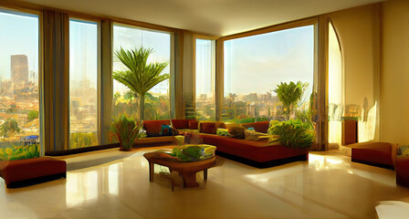 Living room in Egypt interior. Modern luxury villa interior in minimal style, 3d rendering - obrazy, fototapety, plakaty