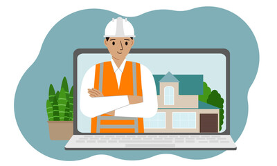 The concept of online consultation in construction. Laptop with an image of an engineer builder and a house. Vector flat illustration