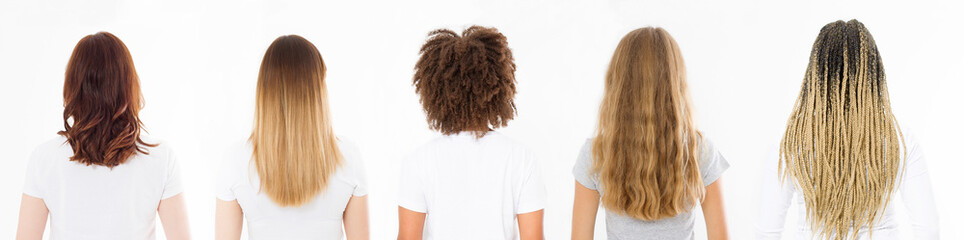Banner Caucasian and afro woman hair type set back view isolated on white background. African curly hairstyle, ombre and wavy healthy blonde hair. Shampoo for any hair type concept. Copy space