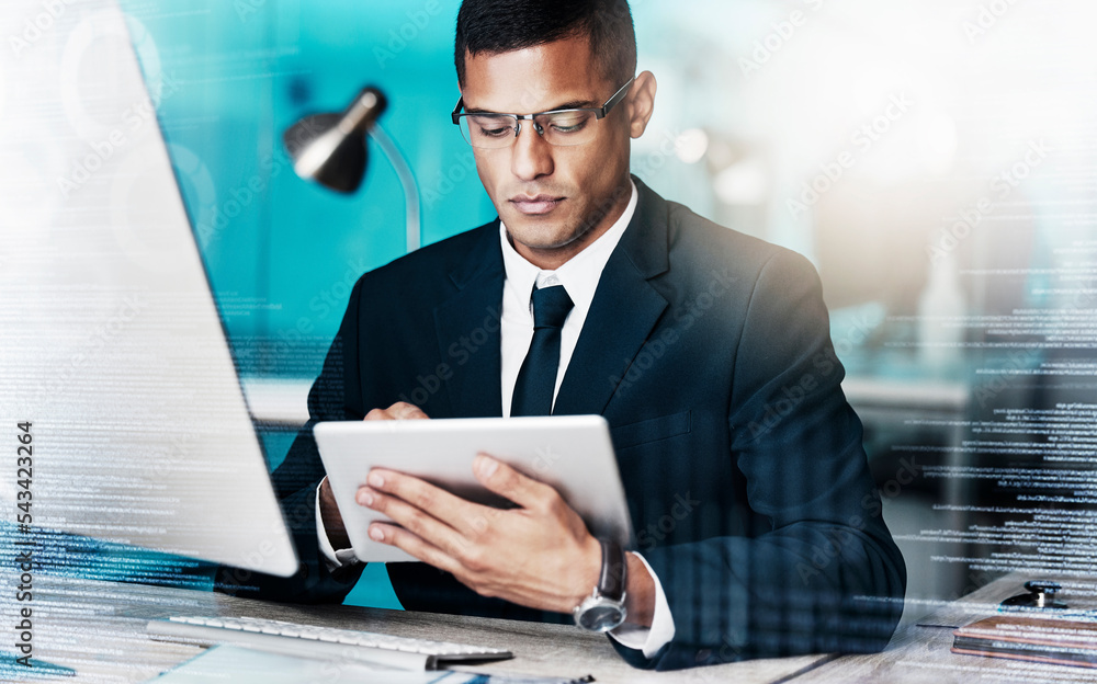 Aufkleber Trader, tablet and hologram while businessman online for fintech using ux and ui for financial investing. Accountant, futuristic tech and economy with businessperson for finance forecast and report