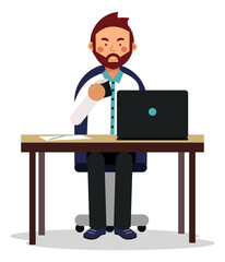 Doctor sitting at desk. Man working on laptop in office