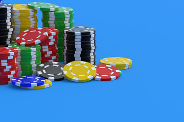 Stacks of casino chips. Copy space. 3d render