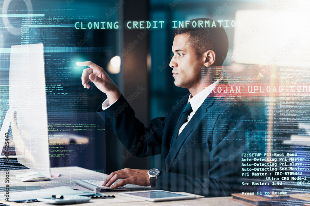 Poster Businessman, overlay and computer virus, hacking and digital glitch, 404 error and cybersecurity with futuristic 3d. Ai, double exposure or IT cyber security expert with online protection from hacker
