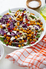Close up of coleslaw vegan salad with roasted chickpea beans