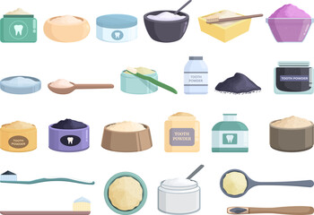 Tooth powder icons set cartoon vector. Health dentist. Water soda