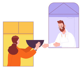 People in window frames sharing food. Community help