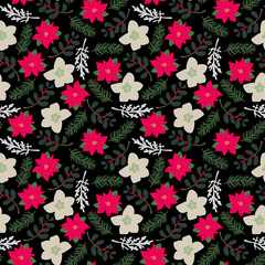 Christmas flower seamless pattern,  branches, red berries, Winter foliage illustration, Christmas botanical background, Perfect for invitations, greeting cards, wallpaper, gift paper, textiles