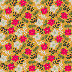 Christmas flower seamless pattern,  branches, red berries, Winter foliage illustration, Christmas botanical background, Perfect for invitations, greeting cards, wallpaper, gift paper, textiles