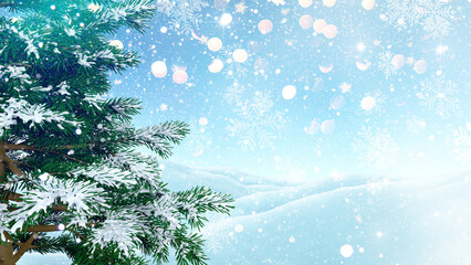 3D Christmas background with tree and snowflakes - obrazy, fototapety, plakaty