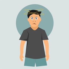 dizziness, drug side effect, man has stars flying over his head, headache, cold, flu, intoxication, big man, health problems, vertigo disease, giddiness, foggy consciousness, disease symptom