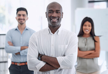 Black man, leader and team collaboration with pride portrait, leadership in workplace and...