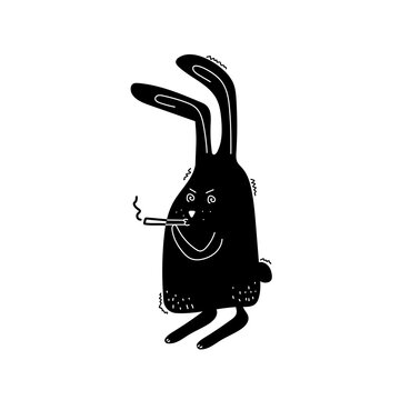Cartoon black rabbit smokes a cigarette. Angry and nervous hare. Symbol of 2023 new year