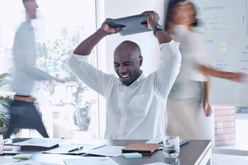 Angry, stress and businessman smash laptop at office desk from anxiety, burnout and 404 software...