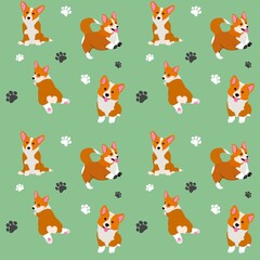 Seamless Pattern with Cartoon Corgi Dog Design on Green Background. Seamless corgi pattern for typography, wrapping paper or textile.