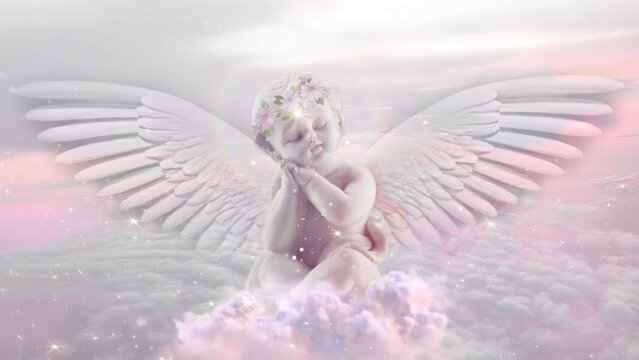 Baby Angel figurine sitting on a fluffy cloud 3D illustration, cover image, thumbnail
