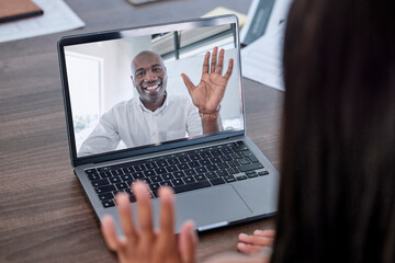 Business people wave hello on laptop screen, video call and online meeting with employee in company office. Happy black man talking to worker in computer webinar, digital network or global conference