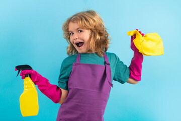 Child mopping house, cleaning home. Detergents and cleaning accessories. Cleaning service. Little...