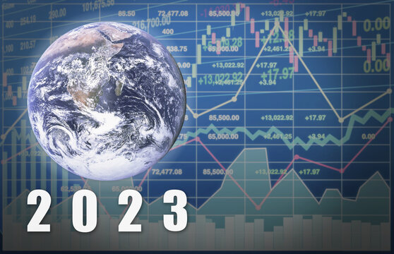 Global business forecast in 2023 show successful economy index symbol on graph and chart for world financial growth presentation background.World image furnished by NASA.