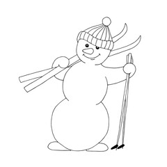 Cheerful snowman in a hat with skis. Winter fun. Christmas Holidays. Vector. Doodle. Hand-drawn illustration. Sketch. Silhouette. Black and white. Contour. Coloring