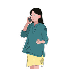 A young woman with a smartphone. Cartoon modern illustration. A woman explains something in a phone vector cartoon. Correspondence, study, social networks, blogging. The concept of communication.