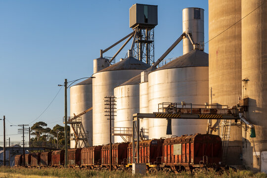 Railway carriages lined up alongside tall grain silos in a rural town