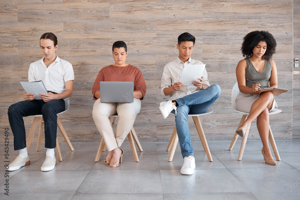 Poster interview, waiting room and people with technology ready for interviewing and we are hiring team. la