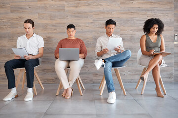 Interview, waiting room and people with technology ready for interviewing and we are hiring team....