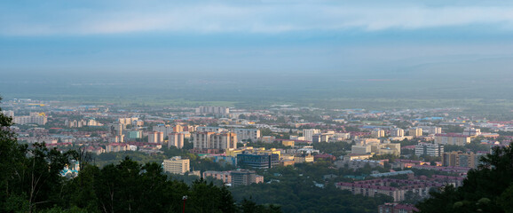 Fototapeta na wymiar Cityscape, aerial view of Yuzhno-Sakhalinsk from Mount Bolshevik