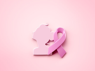 Pink ribbon and women symbol for Breast Cancer Awareness symbolic on pink background, protect and monitor breast cancer promote in October month campaign concept, 3d rendering - 543429686